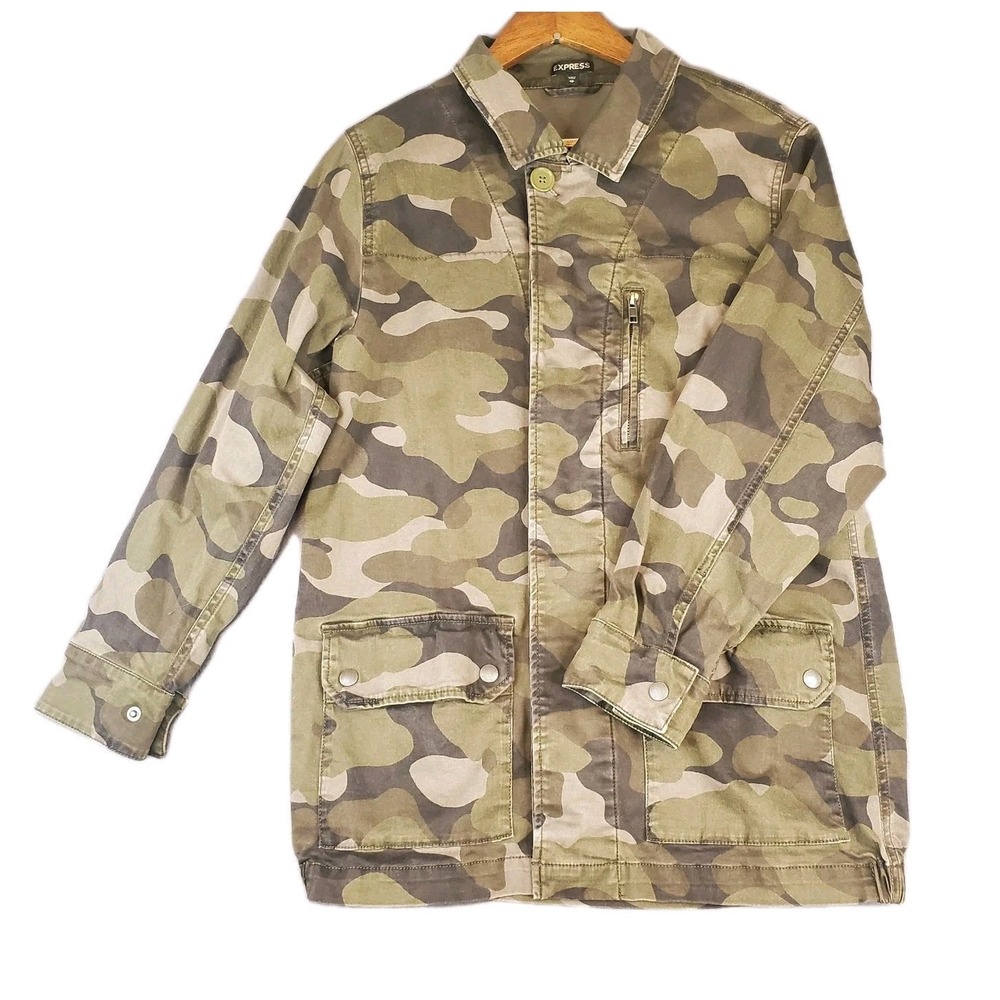 Express Green Camouflage‎ Utility Chore Coat Military Jacket Women's Sz XS Camo